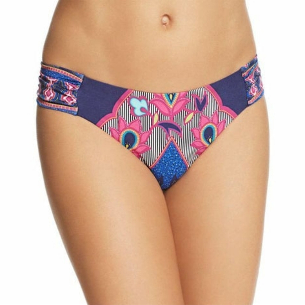 Trina Turk Sri Lanka Baltic Blue Shirred Side Hipster Bikini Bottom Size 4 NWT
